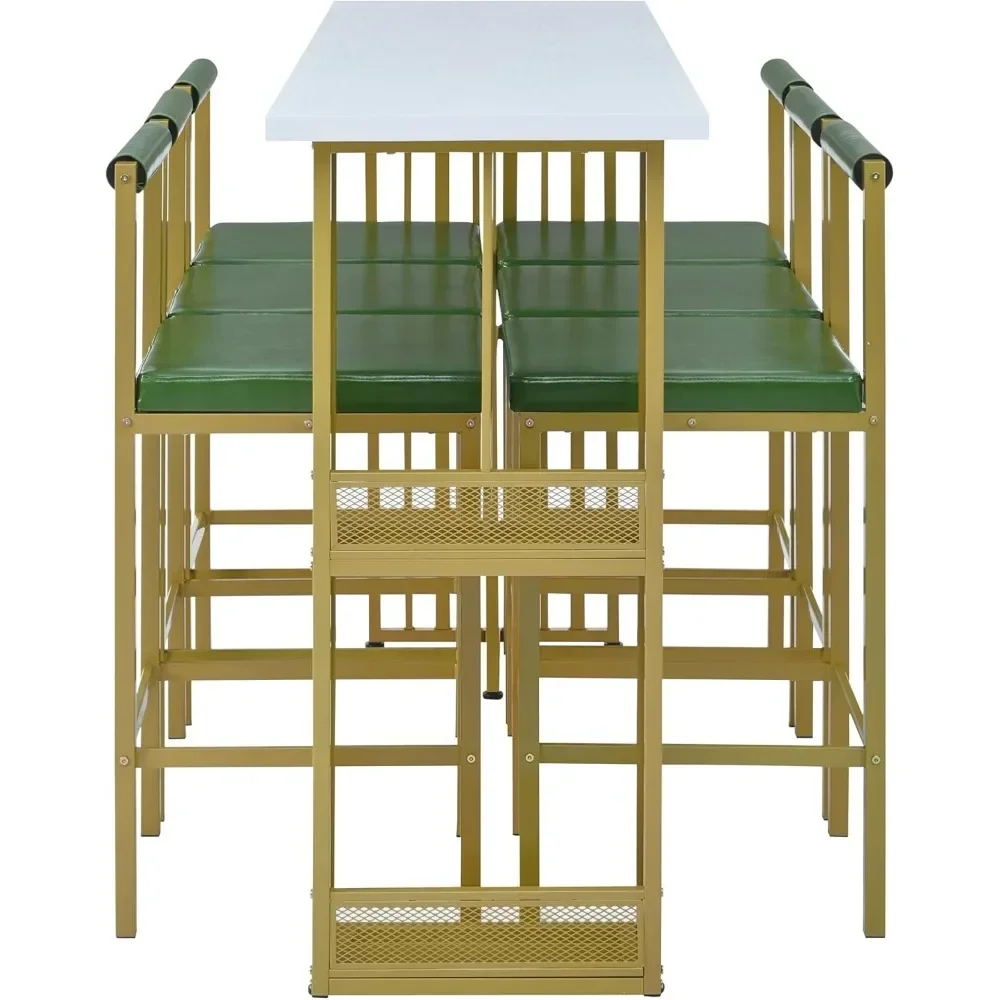 7-Piece Counter Height Dining Bar Table Set, 63"L Counter Height Dining Table with Open Shelves and 6 Upholstered Stools 5