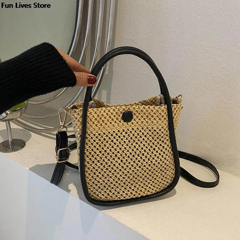 

Women Straw Woven Bag Trendy Fashion Portable Bucket Bags 2023 Summer Beach Handbags Wedding Party Shoulder Purse Lovely Totes