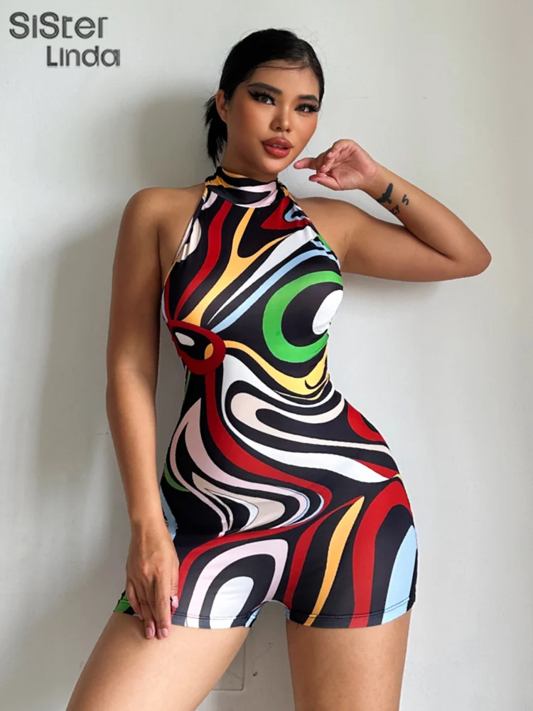 

Sisterlinda Colorful Print Halter Rompers Women 2023 Summer Sleeveless Backless Skinny Stretch Sporty Playsuits Female Overalls