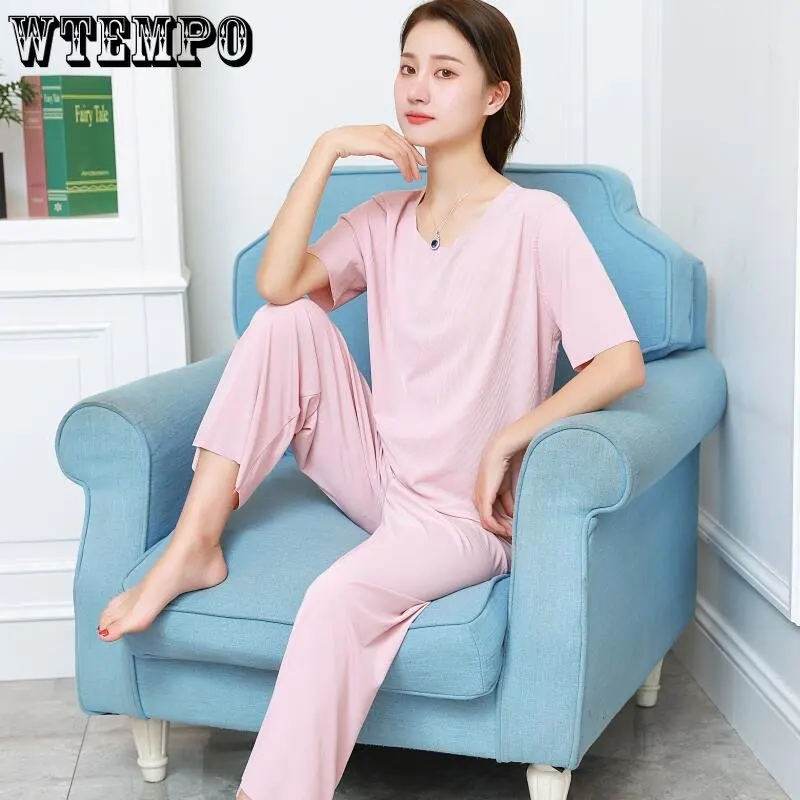 

Одежда для сна для женщин, летняя тонкая свободная одежда для отдыха, повседневный комплект пижамы из ниток, домашний костюм, футболка с коротким рукавом и штаны, комплект из двух предметов