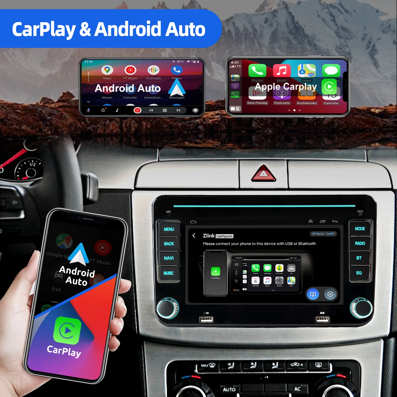 Radio de Coche ESSGOO Android 15 7 Pulgadas para VW Golf 5 6 Passat Polo 6R Touran Tiguan Caddy EOS Jetta Seat Skoda con Carplay Inalámbrico Android Auto GPS Navegación RDS FM Bluetooth WIFI Control del Volante Mirror 2