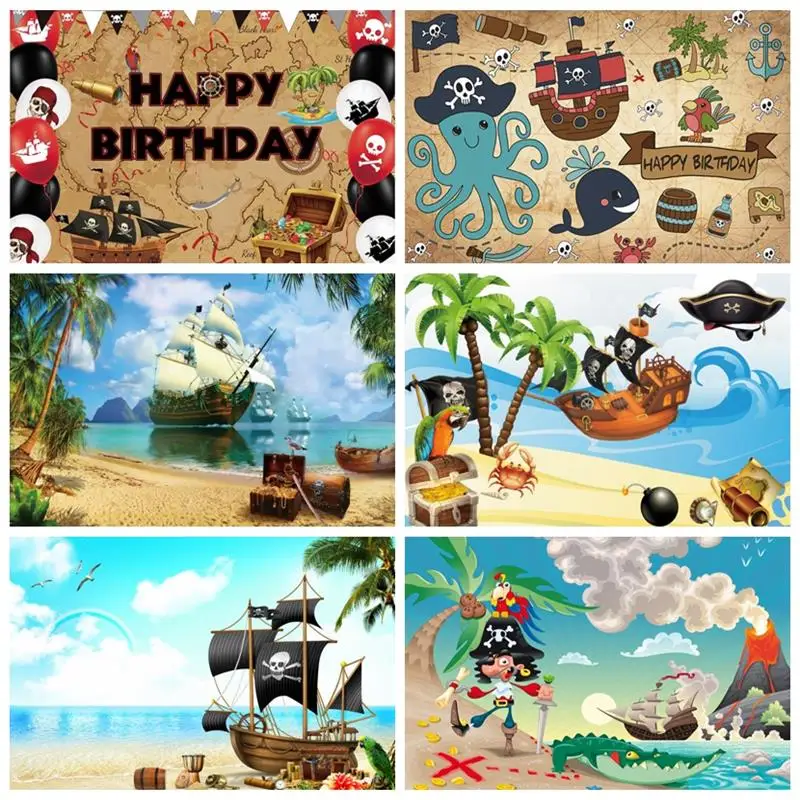 Birthday Photography Backdrops Pirate Ship Treasure Map Fishes Skull Baby Shower Backgrounds Newborn Photozone