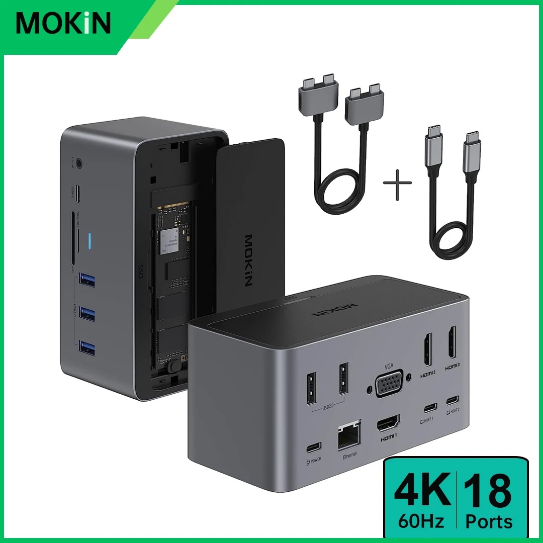 MOKiN-estación de acoplamiento 18 en 1, adaptador USB C a HDMI Dual SD/TF,VGA, PD,RJ45, Thunderbolt 3, carcasa SSD, para MacBook Pro/Air 4K