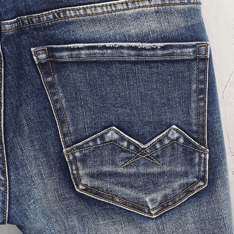 Italian Style Fashion Men Jeans Retro Washed Blue Elastic Slim Fit Ripped Jeans Men Embroidery Designer Vintage Denim Pants