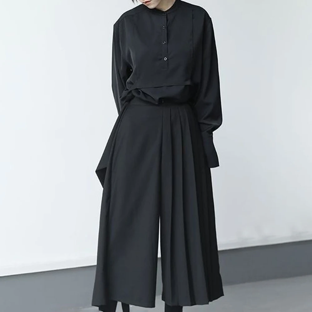 Wide Leg Pants Darkness Versatile Slim Pleated Nine-Point Wide-Leg Pants Unisex Double-Layer High-Waisted Loose Tight-Waisted Straight Culottes