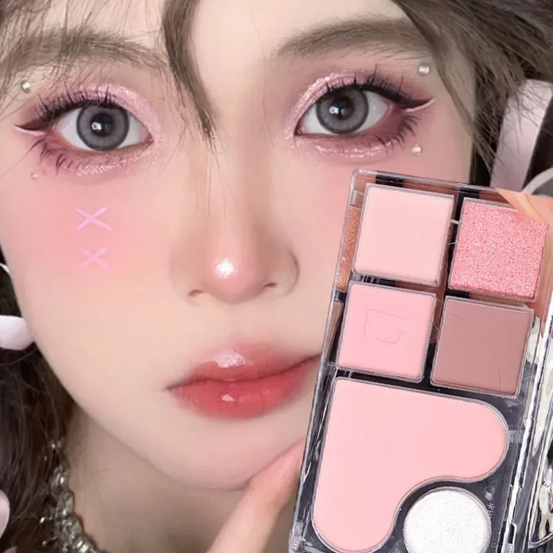 6 Colors Pink Heart Eyeshadow Palette Comprehensive Eye Shadow Disc Beginner Matte Highlight Brightening Powder Blusher One Disc eye shadow plate