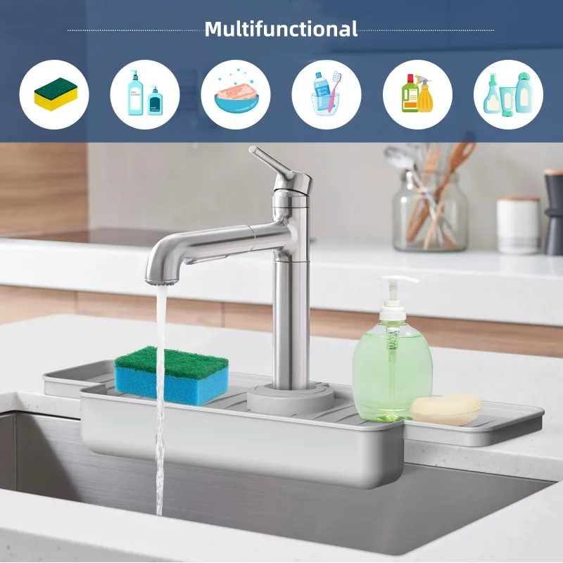 Upgraded Silicone Sink Faucet Splash Guard Draining Rack Sponge Holder for Kitchen Counter Wash Basin and Bathroom 5