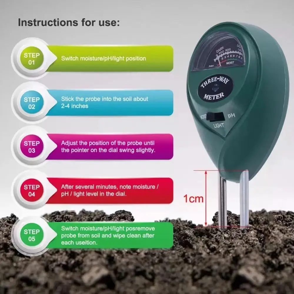 Medidor de pH del suelo, MS01 3 en 1, probador de humedad/luz/pH del suelo,  kits de herramientas de jardinería para cuidado de plantas, ideal para