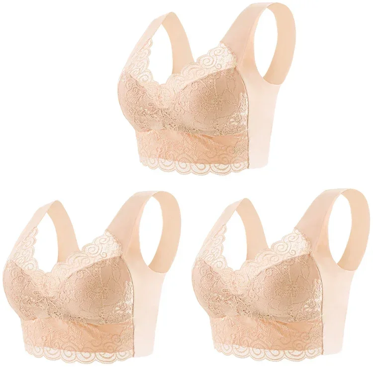 3pcs Ice Silk Seamless Lace Bra Top Support Underwear No Steel Ring Comfortable Large Size Bra Vest Bralette 6