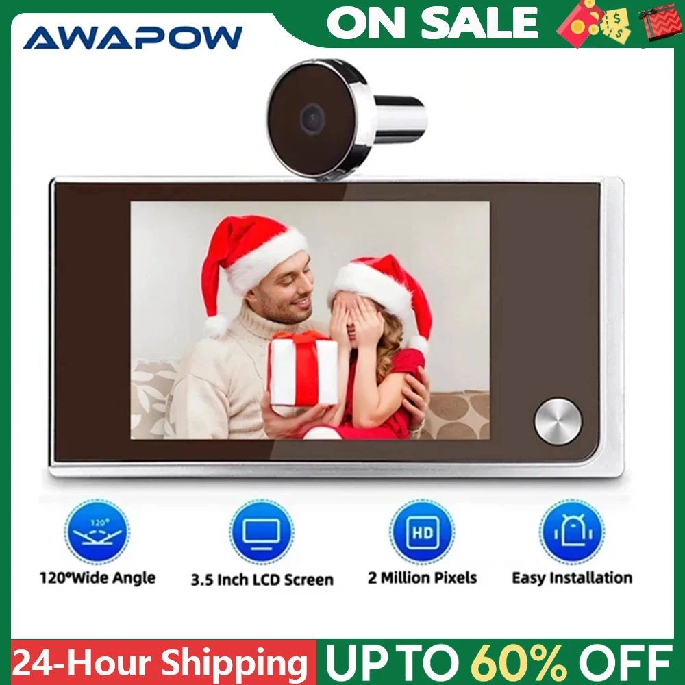 Awapow ออด 3.5 นิ้ว Peephole Viewer กล้องประตูดิจิตอล 120 °   LCD 2 ล้านพิกเซล HD กระดิ่งประตูตาแมวจอภาพกลางแจ้ง 1