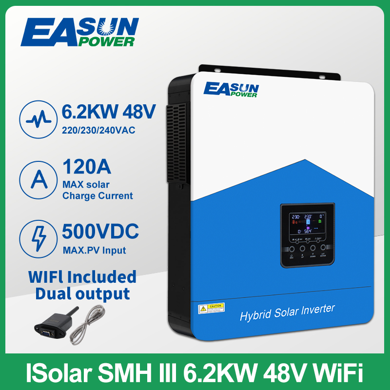 Easun 4.2KW 6.2KW solar inverter 24VDC 48vDC hybrid mppt 6200W pure sine wave hybrid charge controller 120A off grid On Grid