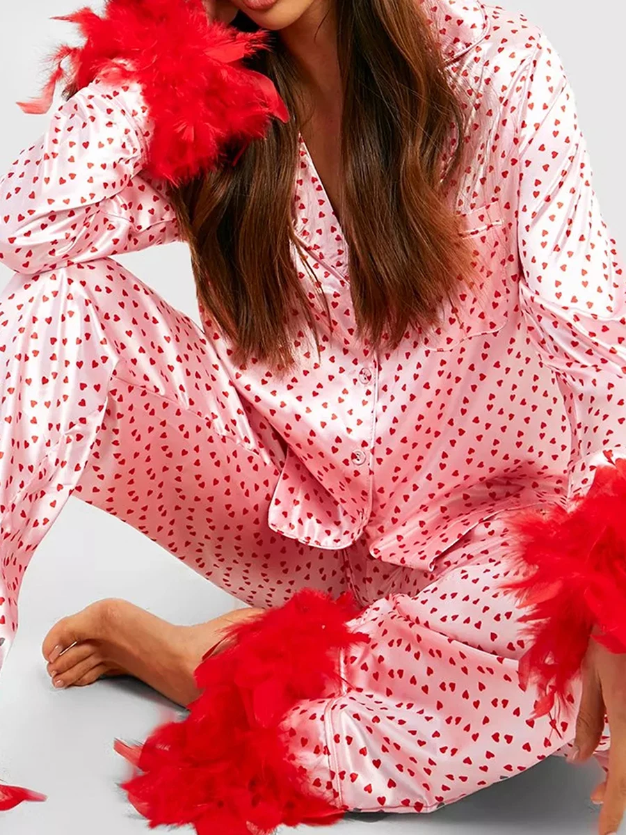 Women Satin Silk Pajamas Set Feather Trim Lounge Sets Heart Print Shirt Matching Pants Valentine Pjs Sleepwear