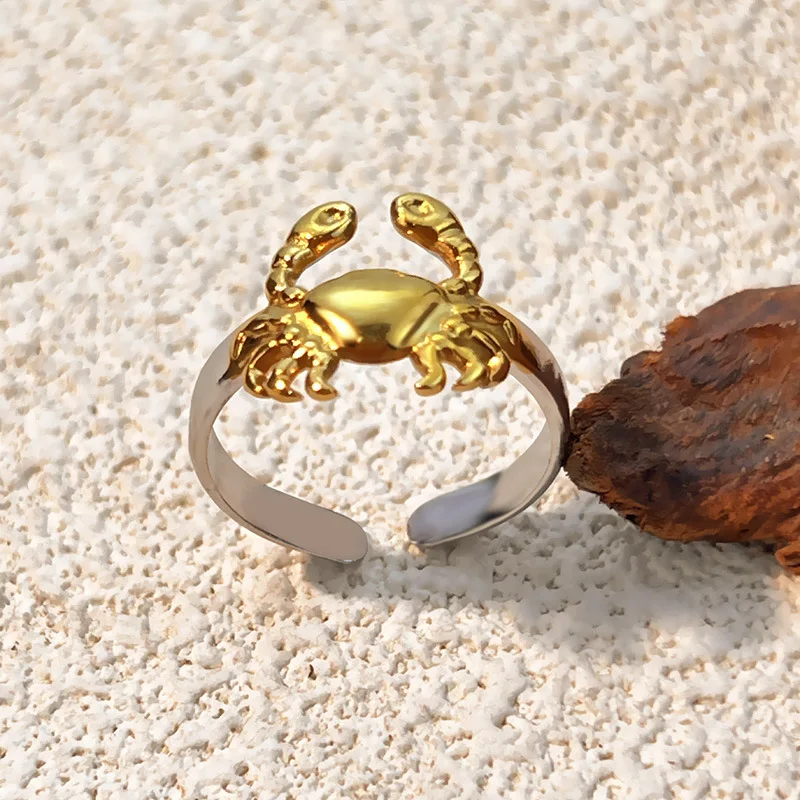 Charm Ocean Series Opening Rings 18K Gold Plated Mini Crab Ribbed Conch Lava Textured Starfish Ring for Women Girls Rust Proof