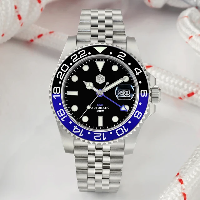 San Martin-Reloj de pulsera para hombre, accesorio bidireccional, bisel de cerámica, zafiro, resistente al agua 20 Bar, luminoso y de estilo lujoso, GMT, BGW-9 5