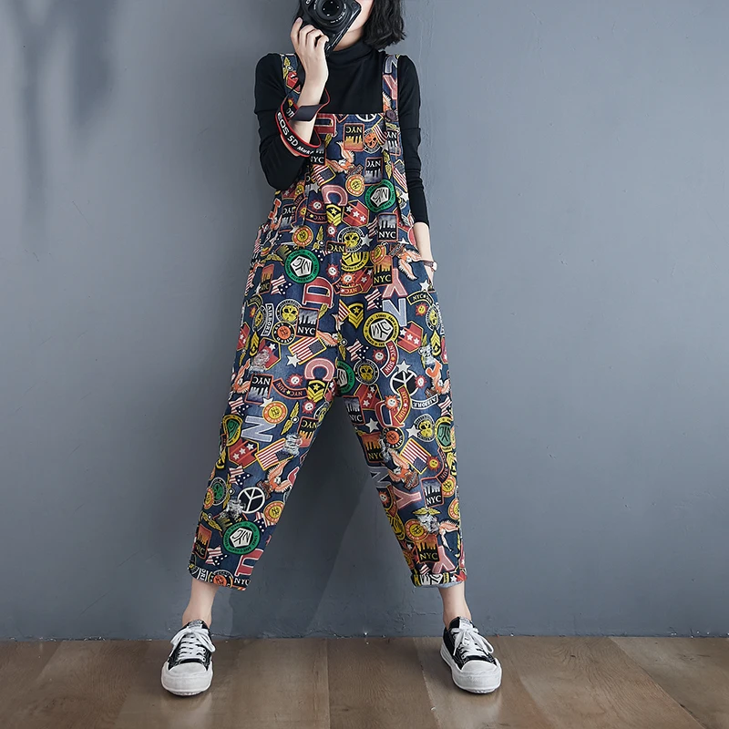 

2024 Spring Autumn Cartoon Print Strap Jeans Women Casual overalls Denim Jumpsuit Trousers Loose Femme Harem Pants Female T070