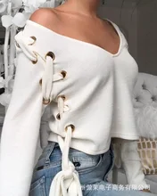 

Women's Blouse Sexy Evelet Lace Up Deep V Loose Casual Shirts 2022 New Spring Long Sleeve Crop Tops Solid Color Fashion Clothes