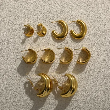 Vintage Waterproof Stainless Steel Multilayer Circle C-shape Hoop Earrings Glossy 18K Gold Plated Texture Earring Dainty Jewelry