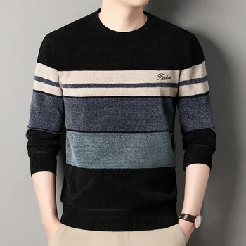 Mens Chenille Sweaters Fashion Knitting Pullover Striped Men's Autumn Winter Top Clothes Round Neck Knitted Sweaters 1