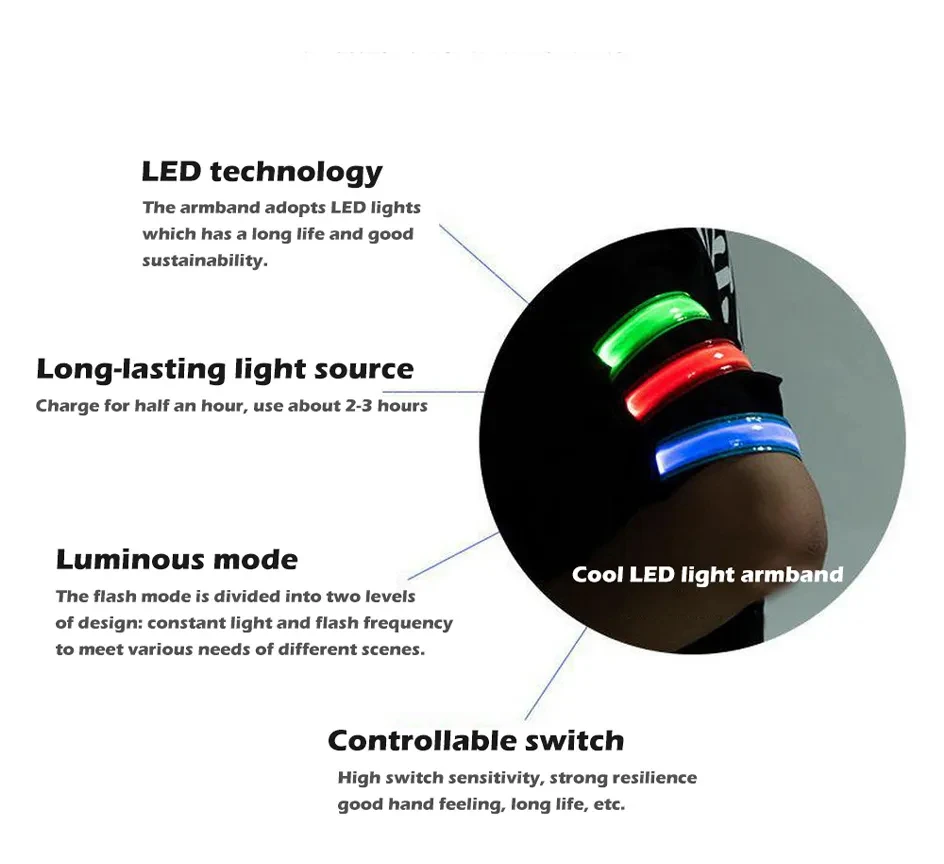 Outdoor-Sport Nachtlauf-Armband LED-Licht USB Wiederaufladbar/Batteriebetrieben Sicherheitsgurt Arm-Bein Warnarmband Radfahren Fahrrad – Detail 7