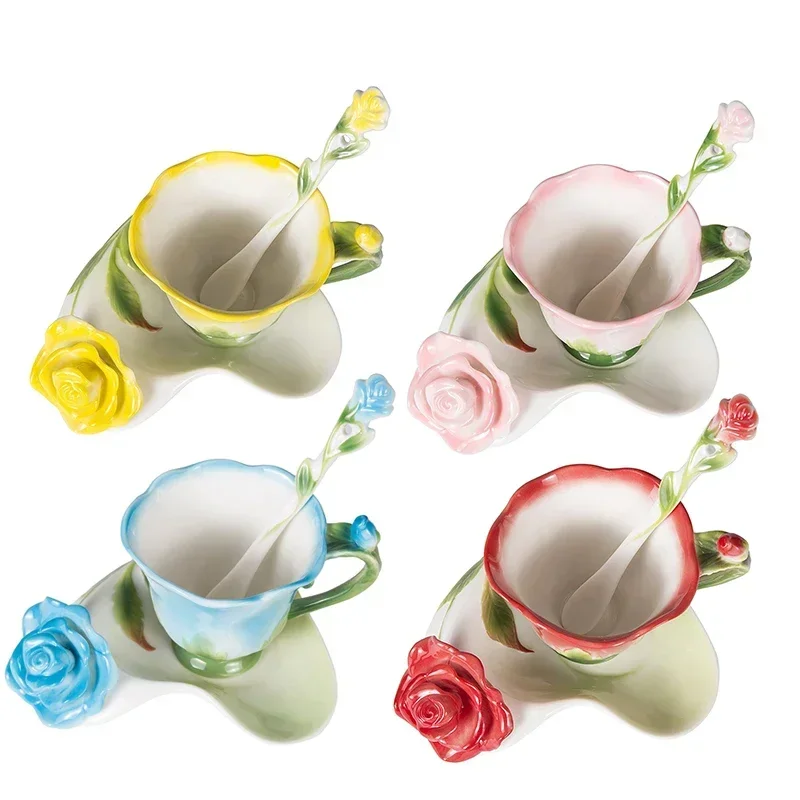 

3D Rose Coffee Cup Enamel Tea Cup Set With Spoon Saucer Creative Cups Ceramic European Bone China Drinkware
