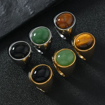 Anello ovale in pietra naturale in acciaio inossidabile 316L per uomo donna Accessori per gioielli da dito Anelli in pietra occhio di tigre verde nero 1
