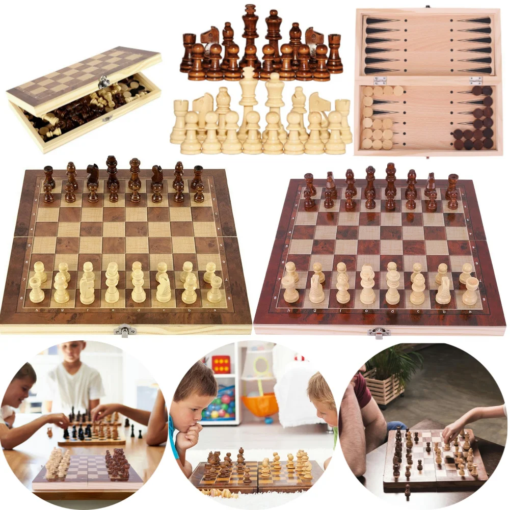 3 in 1 Chess Game Board Wooden Chess Board Sets Exquisite Chess Set Chess and Checkers Game Set Travel Chess Sets