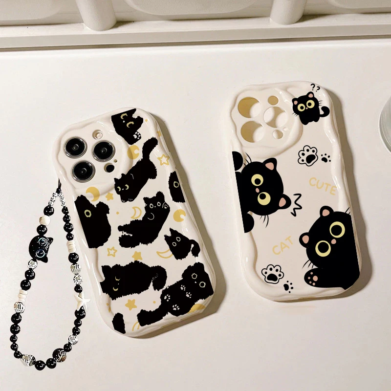 Elegant Black Cat Pearl Chain Phone Case