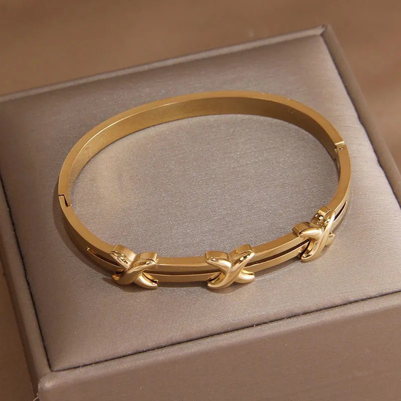 Classic Stainless Steel Metal Cross Geometric Bracelet for Women Elegant Letter Bangles Rust-proof Wrist Jewelry 5
