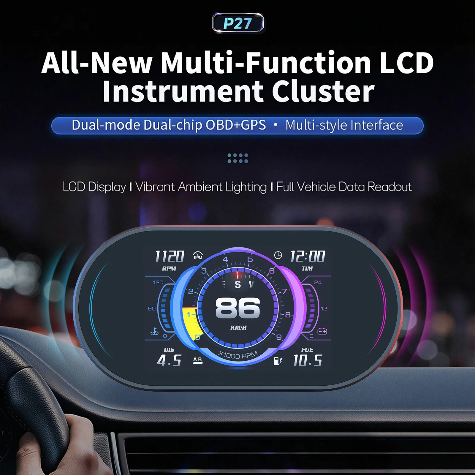 P27 HUD 온보드 컴퓨터 Obd2 디스플레이 자동차 타코미터 터보 오일 압력 GPS 속도 헤드업 디스플레이 디지털 다기능 계기판