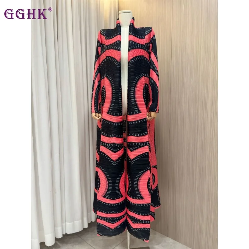

GGHK Miyake Pleated Retro Printed Women Trench Coat 2024 Spring and Autumn New Cardigan Design Loose Large Size Dresses Robe