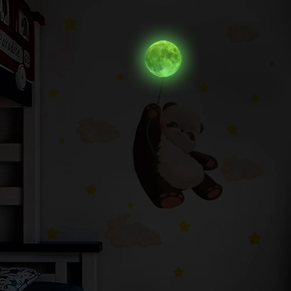 Panda Moon Luminous Wall Sticker Baby Kids Room Bedroom Home Decor Clouds Stars Decals Glow In The Dark Decorations Stickers