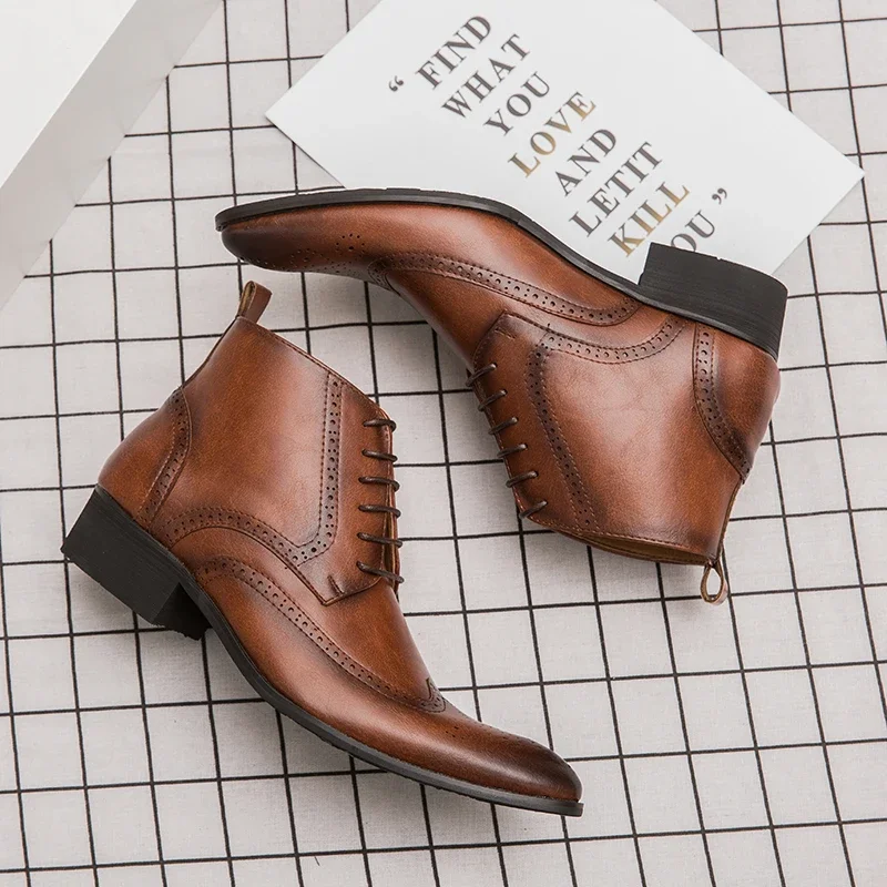 Misalwa Brogue College Style Men Chelsea Boots Lace up Versatile Leather Male Shoes Wedding Party Ankle Casual Short Boots