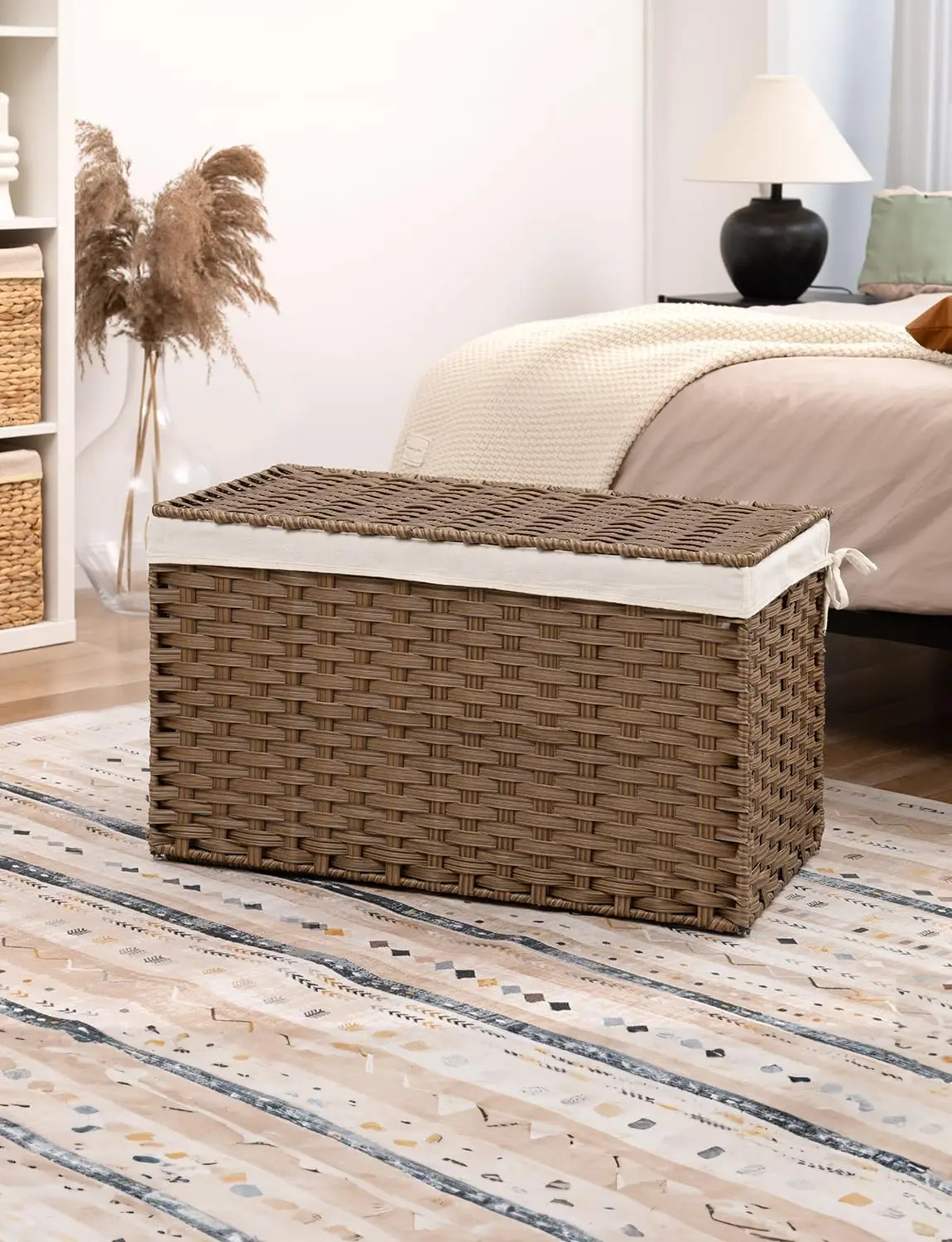 160 Liter Storage Box, Wicker Blanket Storage Basket with Handles, Foldable, Removable Fabric Liner 6