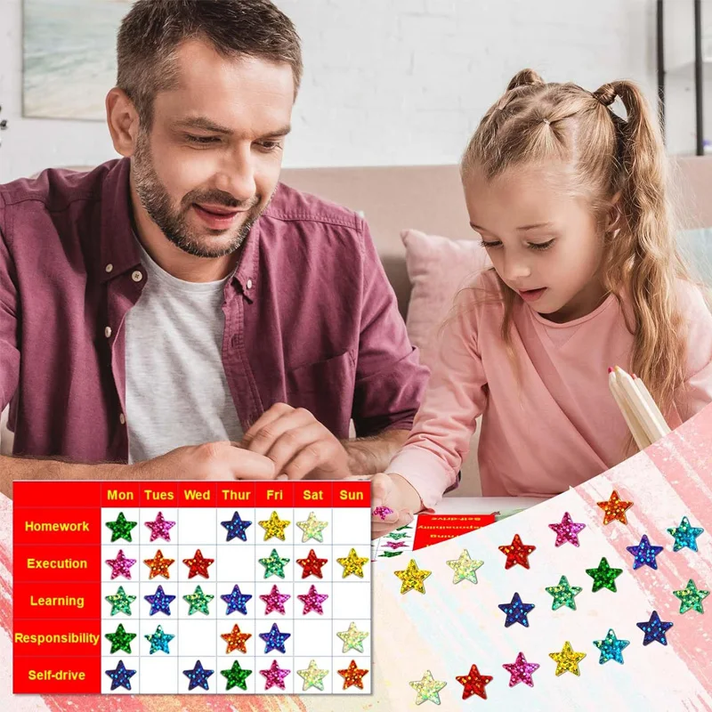 350/1050Pcs 다채로운 홀로그램 호일 스타 보상 스티커 학생 플래너 행동상 학교 교실 교사 용품