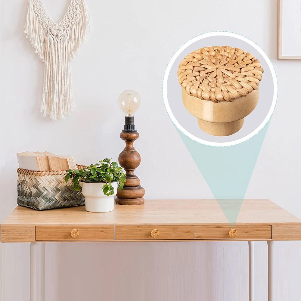 Solid Wooden Door handle Circular Small Rattan weaving Single hole Cabinet Wardrobe Shoe drawer Pulls Knobs For Furniture 2pcs door handles cabinet handles