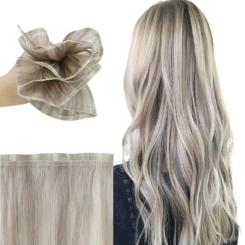 VeSunny Flat Silk Weft Hair Extensions Virgin Human Hair Sew in Weft Grey Blonde #19A/60 Weft Straight Hair For Salon