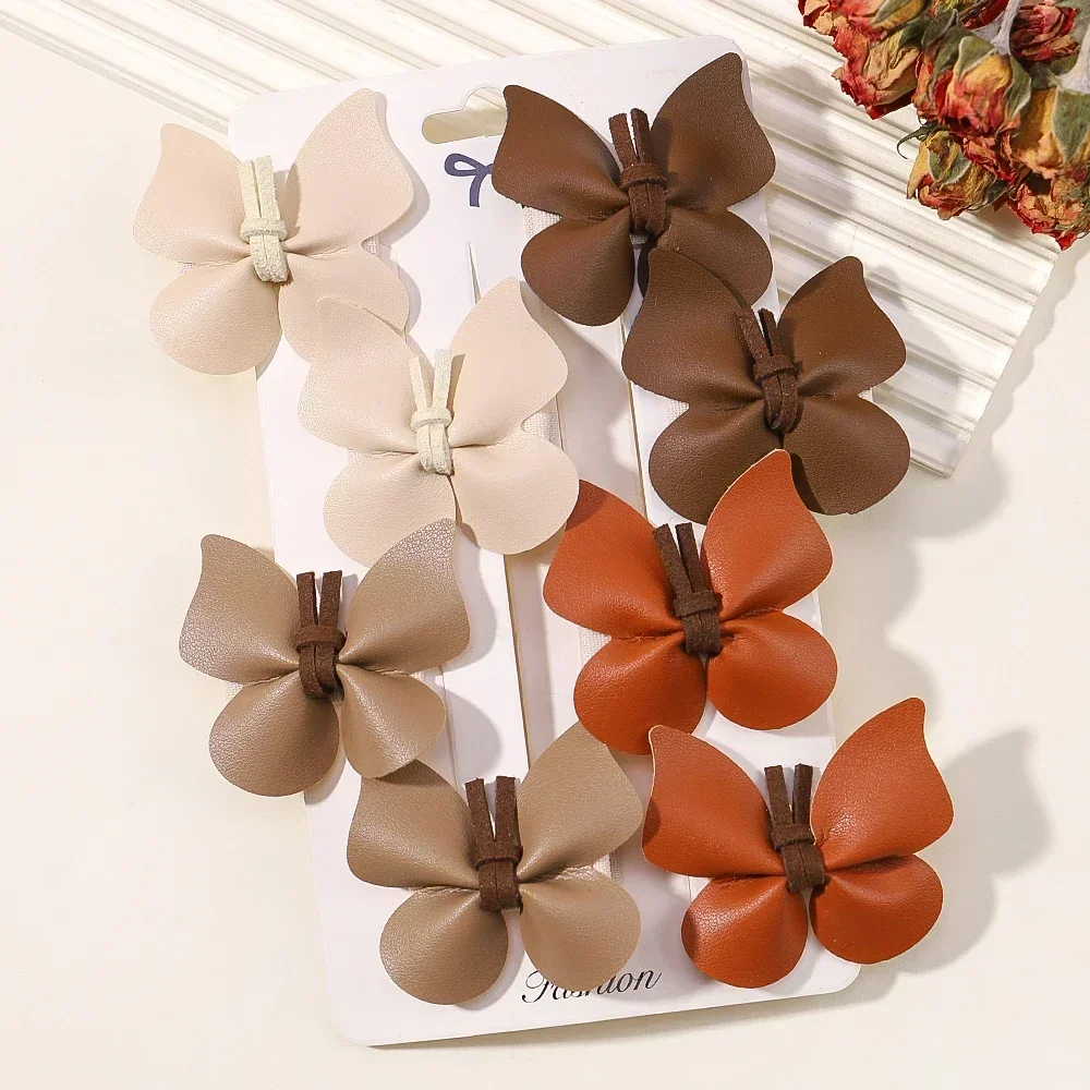2/8Pcs Girls Cute Butterfly Hair Clips for Kids Handmade  Leather Safe Hairpins Headband Solid Princess PU Baby Hair Accessories images - 6