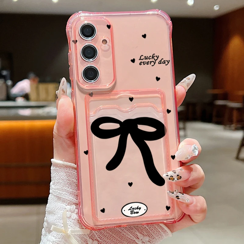 Elegant Black Bow Clear Card Wallet Phone Case with Enhanced Protection