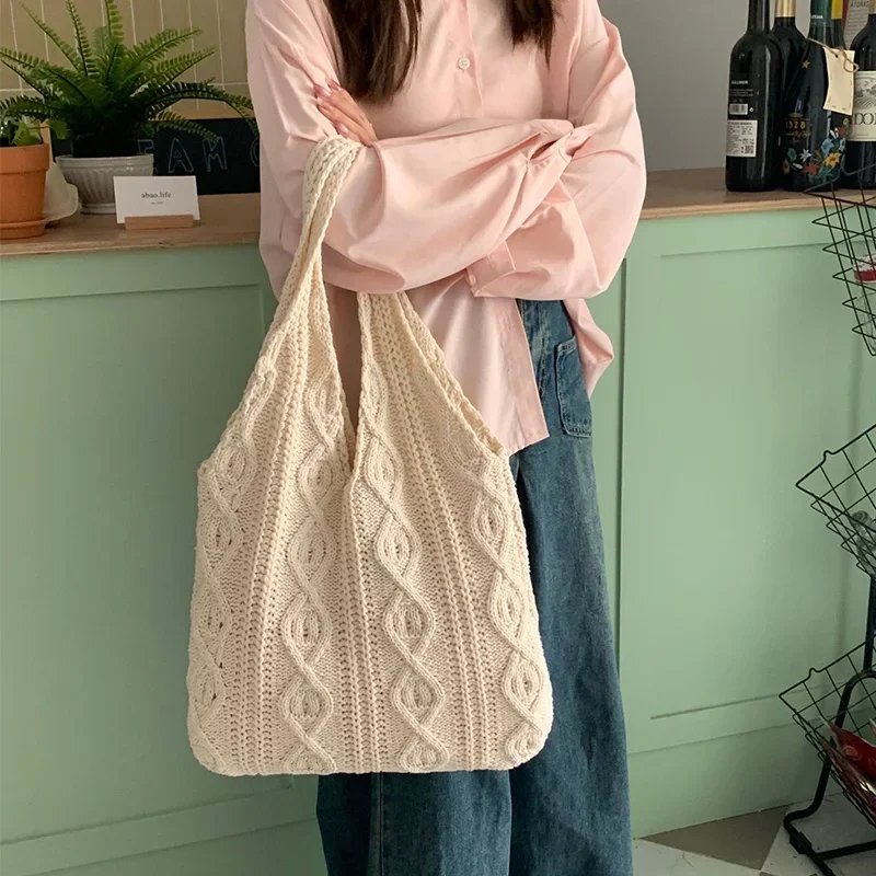 Wool Knitted Shoulder Shopping Bag for Women Vintage Cotton Cloth Girls Tote Shopper Bag Large Female Casual Handbag Crochet Bag
