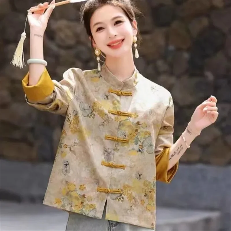 Women's Clothing New Chinese Style Top Chinese Style Female's Clothing Top Buttoned Jacket Print Coat Female Round Neck Shirt