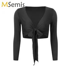Self-Tie Belly Dance Tops Women V Neck Mesh Long Sleeve Wrap Shawl Shrug Bolero Cardigan Stage Performance Dancewear Costume