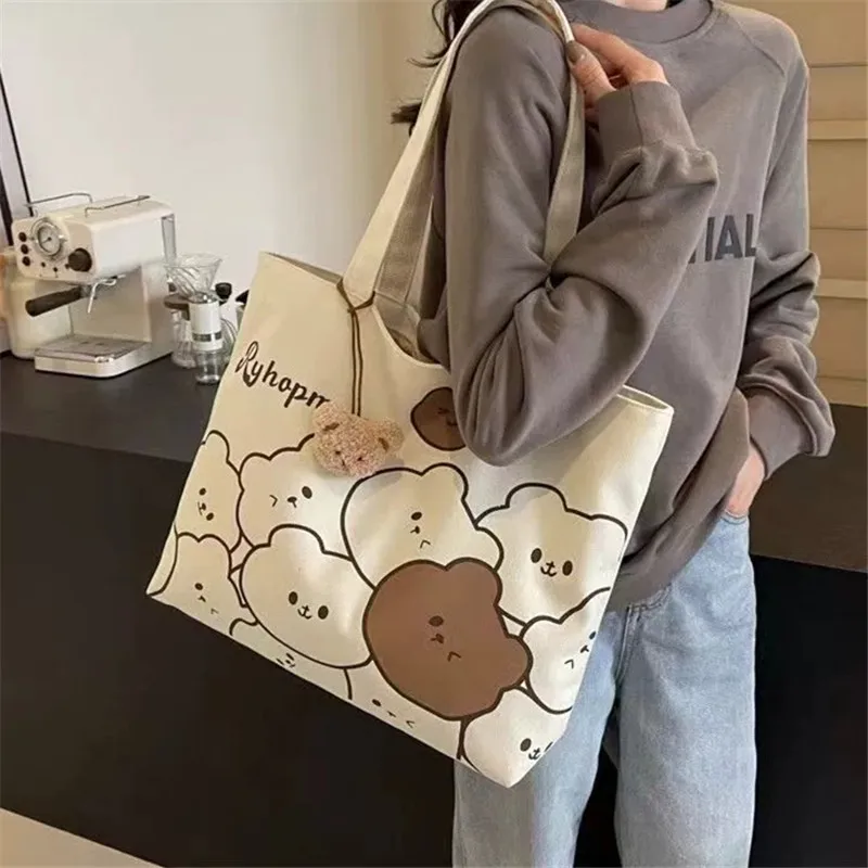 Commuting Japanese Cartoon Handbag Shoulder Bag Large Capacity Student Canvas Tote Bag, Versatile Class Handbag for Everyday Use