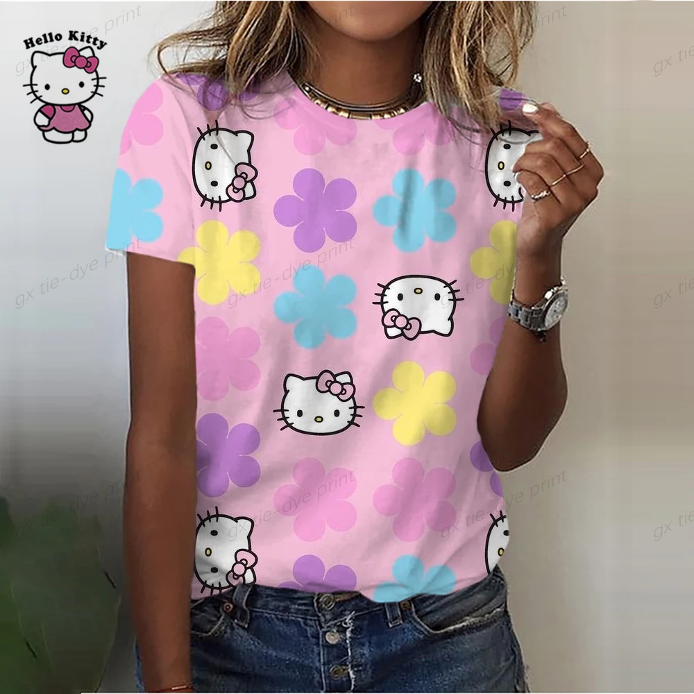 thumbnail image 1 of Camiseta informal de manga corta a color para mujer, camisetas de cuello redondo estilo Harajuku, camisetas con estampado de dibujos animados de Hello Kitty, camisetas gráficas kawaii para mujer, 1 of 5