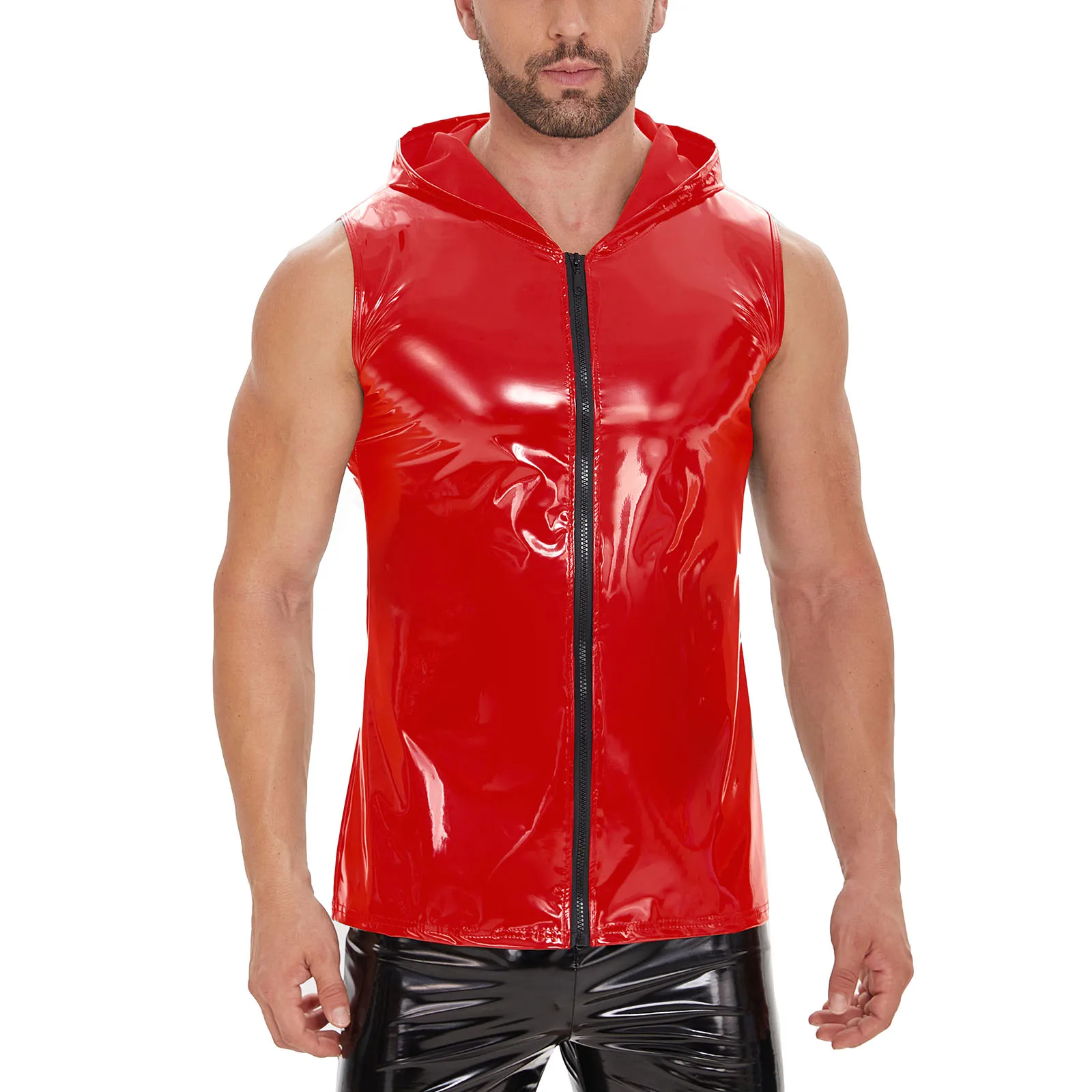 

S-7XL Plus Size Mens Wetlook Leather Shirt Hooded Full Zipper Tank Tops Sleeveless Male Shaping Stand Collar Fashion T-shirts