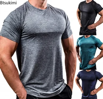 T-shirt Estive da Palestra per Uomo, Abbigliamento Fitness Tinta Unita, Magliette a Maniche Corte con Collo Tondo, Traspiranti, Aderenti per Bodybuilding e Allenamento