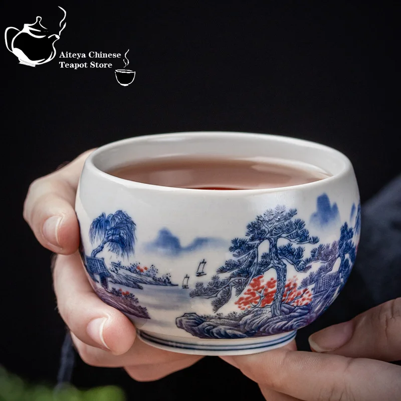 Vintage Blue and White Pine Ceramic Tea Cup, Handmade Tea Cup