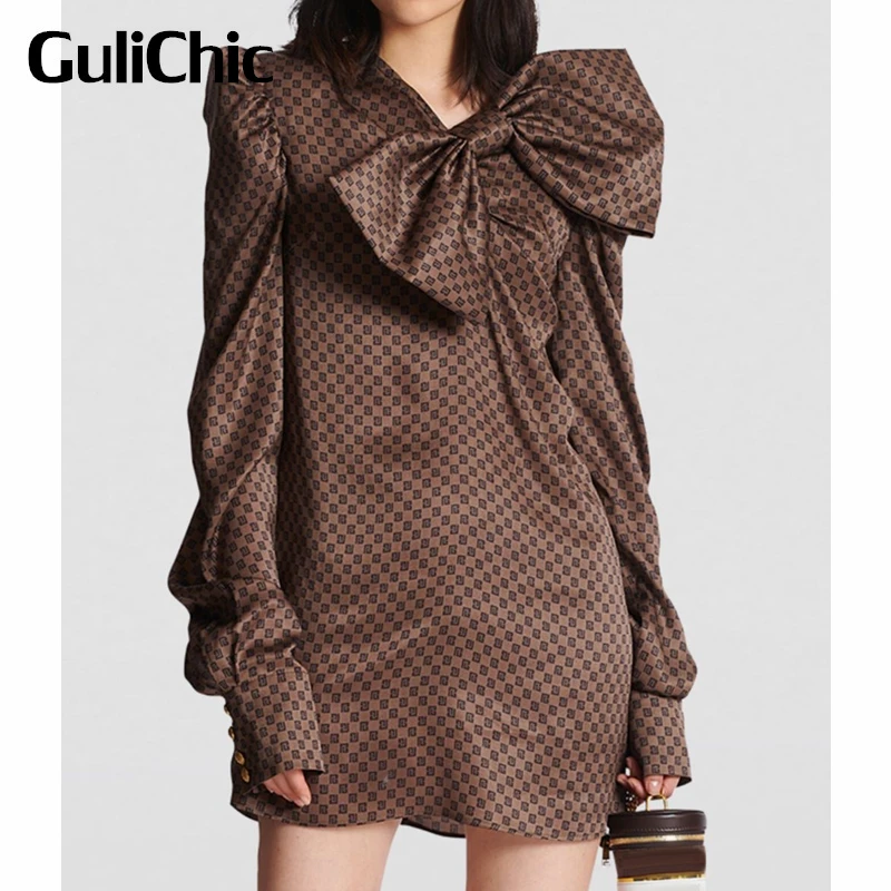 

10.7 GuliChic Women Elegant Big Bow V-Neck Puff Sleeve Print Short Dress