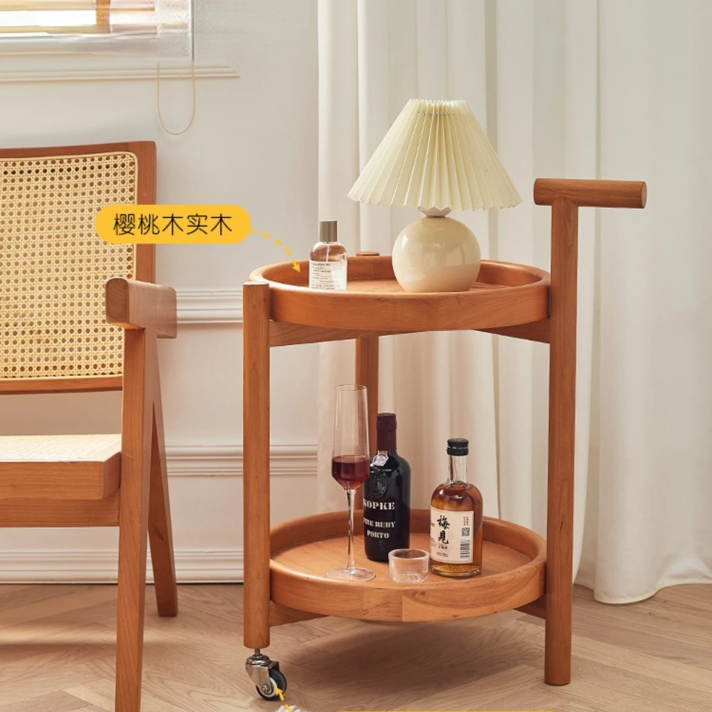 

Solid Wood Sofa Side Table Light Luxury Living Room Movable Trolley Tea Table Simple Mini Cherrywood round Corner Table