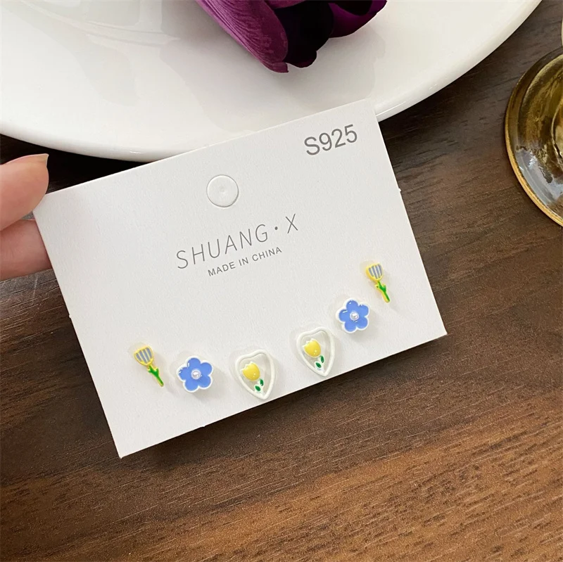 Colorful Ceramic Ears Stud Earrings Set Heart Flower for Women Korean Style Girls Cute Elegant Party Jewelry 2024 New