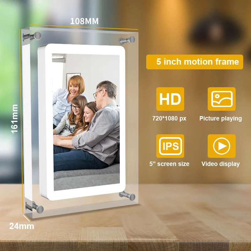 Acrylic Digital Photo Frame 5 Inch 1000mAh IPS Screen 2G Memory Volume button Speaker Type C Cut Gift for Loved Porta Retrato
